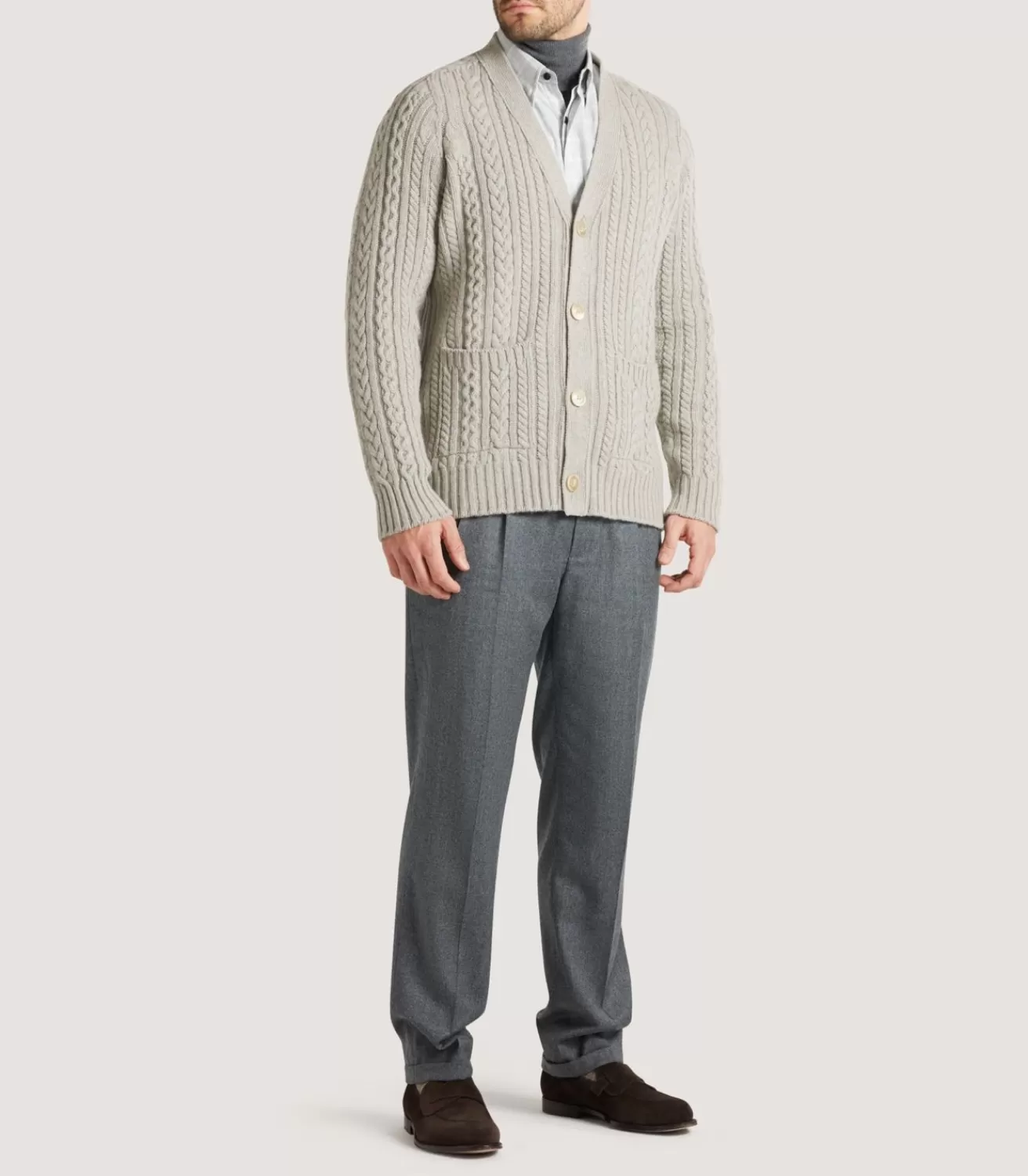 Men'S Cashmere Cable And Rib V Neck Cardigan In Drab*Purdey Online