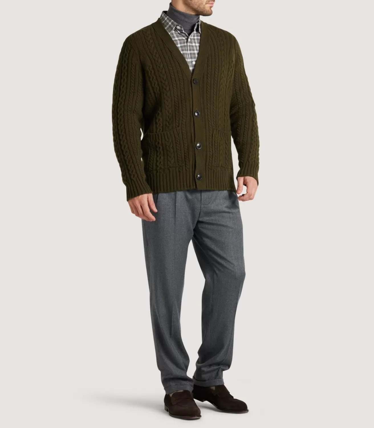 Men'S Cashmere Cable And Rib V Neck Cardigan In Military*Purdey Discount