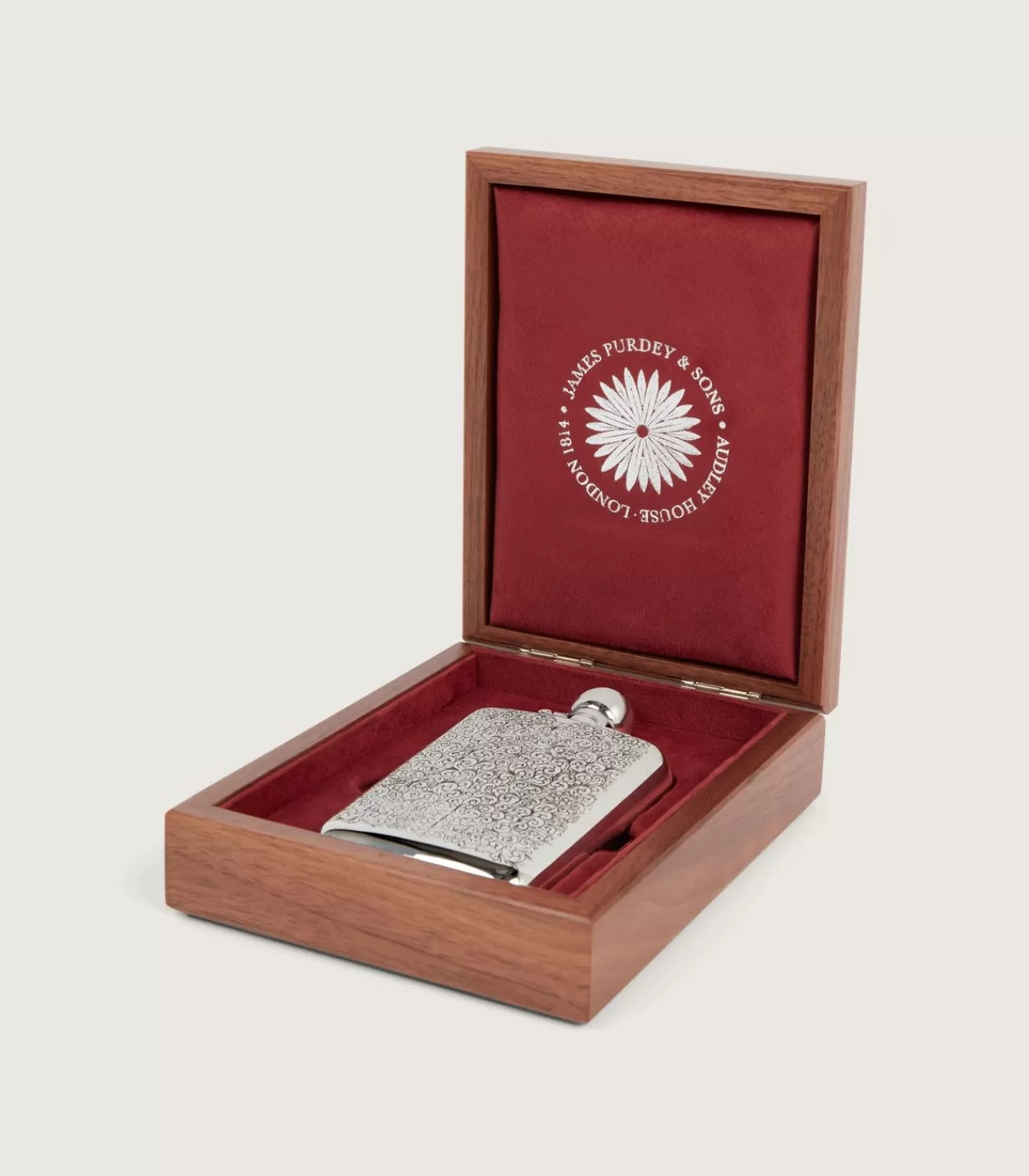 6Oz Sterling Silver Gun Scroll Engraved Flask With Walnut Case*Purdey Best